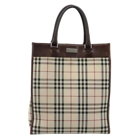 BURBERRY Nova Check Hand Bag Canvas Beige Silver Auth